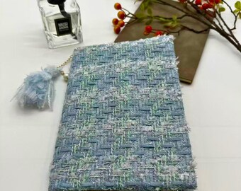 Pastel Blue Tweed Tassel Embroidery Book Cover|Fabric Dust Jacket|Bible Cover|Book Pouch|Book Protector|Book Sleeve|Bookmark