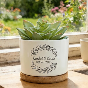 Custom Engraved Ceramic Planter for Couples, Personalized Engagement & Wedding Gift, Unique Bridal Shower Present, Modern Succulent Pot