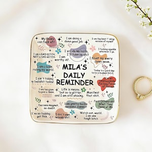 Personalized Bad Bitch Affirmations Ring Dish,Custom Ceramic Jewelry Holder with Swear Words,Funny Gift for Her, Empowering Daily Reminder