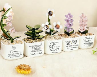 Personlig blompresent till lärare, anpassad krukväxt i glas, unik tackpresent till lärare, glasblomma i glas, professorpresent, kontorsdekor