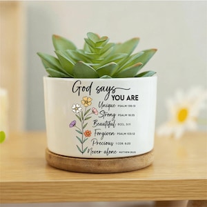 Maceta de cerámica cristiana personalizada, maceta con nombre personalizado y versículo bíblico, regalo religioso para mujeres, Dios dice que eres un regalo,