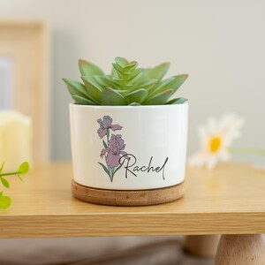 Op de afbeelding: Een witte keramische plantenpot met een vetplant. De pot heeft een paarse iris illustratie en de naam "Rachel" in script. Hij staat op een ronde, natuurlijke houten onderzetter. De plant heeft groene bladeren.