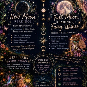 May include: A dark, illustrated informational graphic for Moon & Hearth Co. featuring celestial motifs, fairies, and moon phases. It details services like New Moon and Full Moon readings, spell jars, and spiritual guidance with gold text on a black background.