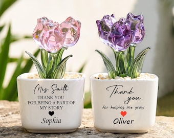 Custom Glass Tulip Flower Pot For Teacher,Thank You Gift,Teacher Appreciation Gift From Students,Glass Flower Desk Decor,Graduation Gift