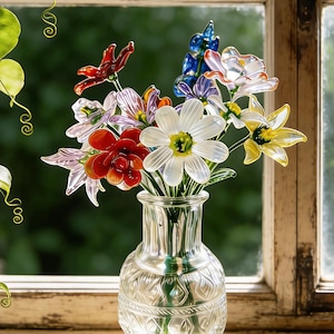 May include: A clear glass vase filled with colorful glass flowers sits on a windowsill. The flowers include red, white, blue, and yellow blooms. The vase has a decorative pattern. Green vines with heart-shaped leaves hang from the top of the window.
