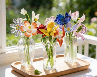 Handmade Glass Birth Flowers Bouquet,Personalized Birth Month Glass Flower With Vase,Mini Glass Birth Flower Gift,Mothers Day Gift For Mom