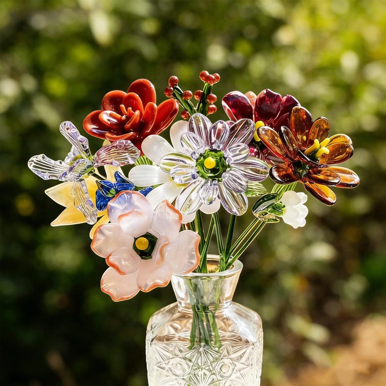 Handmade Glass Birth Flowers Bouquet,Personalized Birth Month Glass Flower With Vase,Mini Birth Flower Gift For Her,Teacher Appreciation image 10