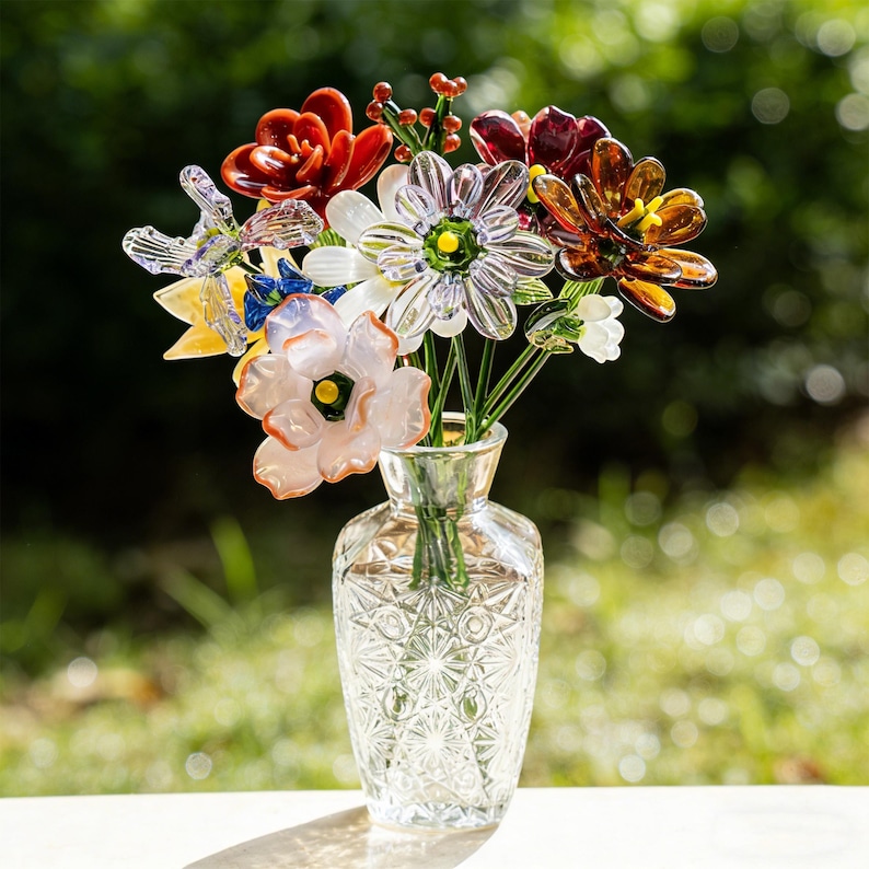 May include: A clear glass vase filled with a colorful bouquet of glass flowers. The flowers include red, orange, white, and yellow blooms, with green stems. The vase has a patterned design and sits on a white surface against a blurred green background.
