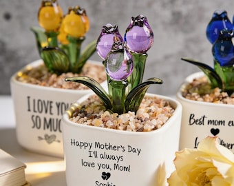 Personalized Glass Tulip Flower Pot, Mom Flower Gift, Hand Blown Potted Plant, Mother's Day Gifts