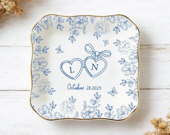 Personalized Locked Ring Dish,Toile De Jouy Jewelry Dish,Wedding Gift For Couple,Engagement Gift For Bride,Custom Engaged Ring Holder Gift