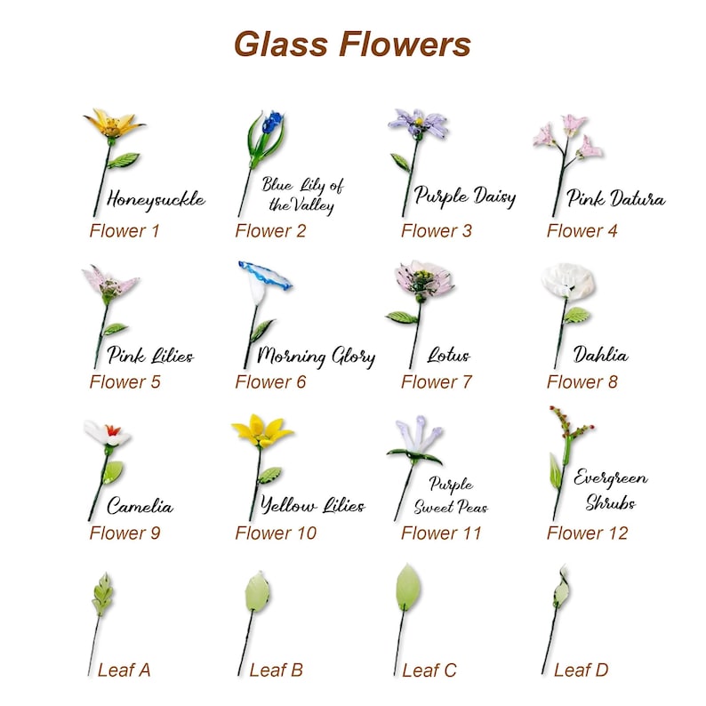 May include: A collection of glass flowers and leaves, including honeysuckle, purple daisy, and pink lilies. Each flower is labeled with its name and a number. The text "Glass Flowers" is at the top.