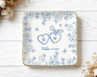 Porta anillos personalizado, porta joyas de Toile de Jouy, regalo de boda para pareja, regalo de compromiso para novia, porta anillos de compromiso personalizado.
