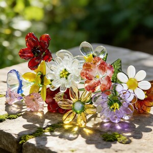May include: A collection of colorful glass flowers in various shapes and sizes, including red, white, yellow, and purple. The flowers are arranged on a stone surface, with sunlight casting shadows.