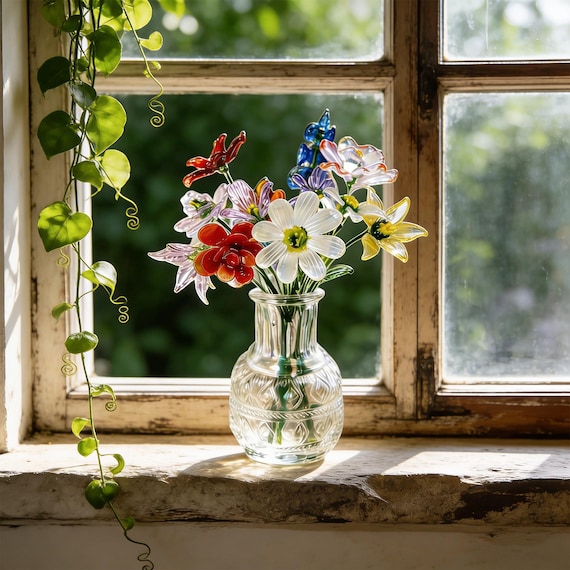 Handmade Glass Birth Flowers Bouquet,Personalized Birth Month Glass Flower With Vase,Mini Birth Flower Gift For Her,Teacher Appreciation