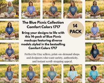 May include: A collection of 14 mockups featuring diverse models wearing Comfort Colors 1717 t-shirts in various shades of blue. The text "YOUR IMAGE HERE" is visible on the shirts. The image is set in a picnic setting.