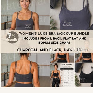 May include: A mockup bundle of a charcoal and black sports bra. The image includes front, back, and flat lay views, plus a size chart. The bra has thin straps and the text "Flow Barre Studio" and "Maggie Instructor".