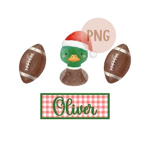 May include: Watercolor illustration featuring a green duck wearing a Santa hat, flanked by two brown footballs. A red and white checkered banner displays the name "Oliver" in green script. The image has a PNG watermark.
