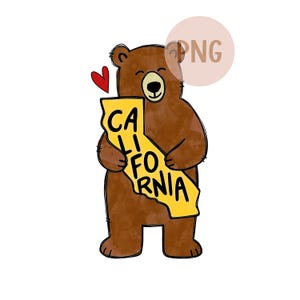 Może przedstawiać: Ilustracja brązowego niedźwiedzia trzymającego żółty kontur Kalifornii ze słowem "CALIFORNIA" w czarnym tekście. Czerwone serce znajduje się nad głową niedźwiedzia. Obraz ma styl kreskówkowy.
