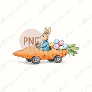 Peter Rabbit & carrot Car Clipart, Beatrix Potter Style, Spring Digital Download, Funny Retro Kids, Happy Easter Bunny Sublimation Shirt Png