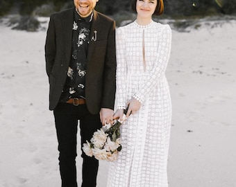 VENTA DE MUESTRAS - Vestido de novia de invierno de algodón ético de manga larga con encaje vintage, talla XS
