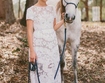 May include: A white lace dress with short sleeves and a fitted waist. A blue lead rope is held by the person, connected to a gray horse with a dark mane. The scene is set outdoors with trees and fallen leaves.