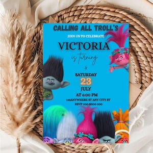 Modelo de convite editável para festa de aniversário de Trolls, convite digital de Poppy Trolls, convite para festa de aniversário de meninas Trolls, convite de Poppy Trolls