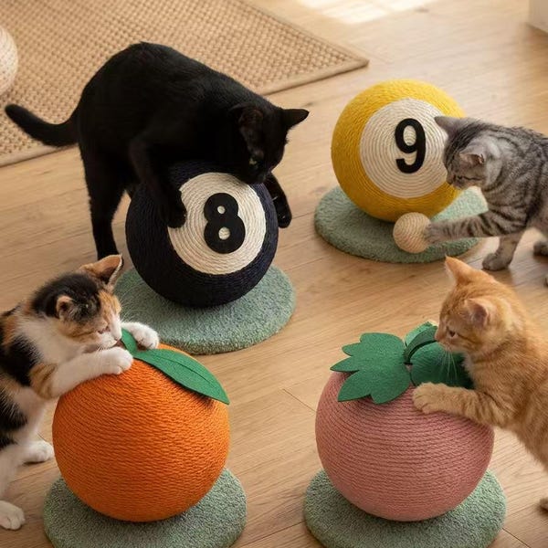 Pelota rascador personalizada para gatos, juguete de cuerda de sisal, con forma de fresa naranja estilo billar.