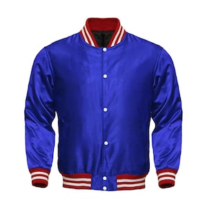 Royal Blue Satin Full-Snap Varsity Jacket with Blue Sleeves and Red Rib Baseball Letterman Jacket