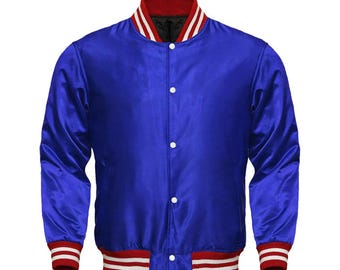 Custom Royal Blue Satin Varsity Jacket: Embroidered Letterman Style