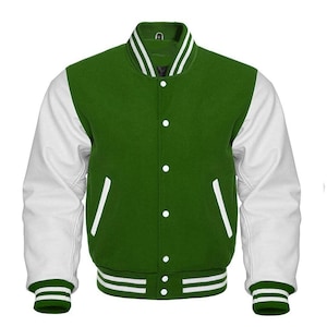 Męska kurtka baseballowa bomberka Varsity Letterman w kolorze ciemnozielonym i białym, kurtka sportowa w stylu college&#39;u, ciemnozielona wełniana kurtka z białymi skórzanymi rękawami