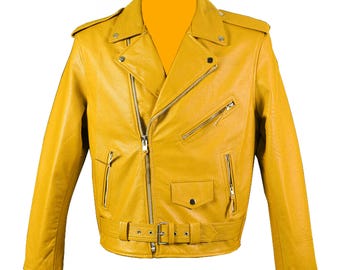 Men's Golden Leather Biker Jacket, Genuine Leather
