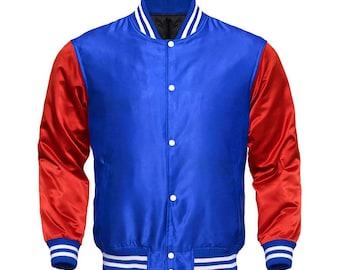 Royal Blau Satin Full-Snap Varsity Jacke mit Roten Ärmeln Baseball Letterman Jacket