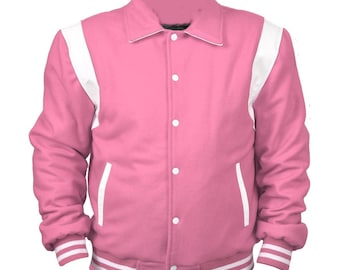 Men's Pink Wool Varsity Jacket: White Leather Sleeves, College Bomber