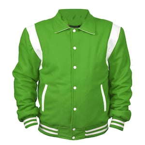 Męska kurtka baseballowa bomberka Varsity Letterman w kolorze zielono-białym z kołnierzykiem, kurtka sportowa w stylu college&#39;u, zielona wełniana kurtka z białymi skórzanymi rękawami