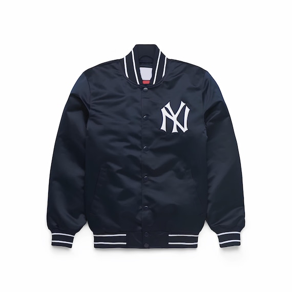 New York Yankees Satin Varsity Jacket: Navy Blue Baseball Bomber