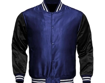 Navy Blue Satin Full-Snap Varsity Jacket with Black Sleeves Baseball Letterman Jacket