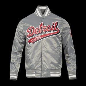 Detroit Red Wings Script Tail Silver Satin Varsity-jacka, NHL-hockeybomberjacka, Detroit Red Wings-jacka med tryckknappar, gåva för sportfans