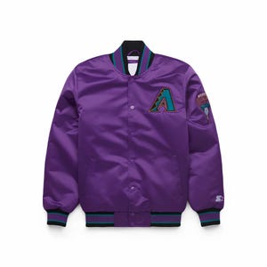 May include: Purple satin baseball jacket with a button-up front, featuring the Arizona team logo on the chest and a patch on the sleeve. The jacket has black, teal, and purple striped cuffs and collar.