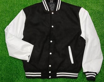 Varsity Jacket: Black Wool, White Leather Sleeves - College Bomber