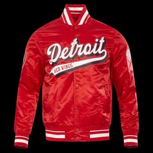 Detroit Red Wings Script Tail Red Satin Varsity Jacket,Hockey Bomber Jacket, Detroit Red Wings Snap Button Jacket, Sports Fan Gift