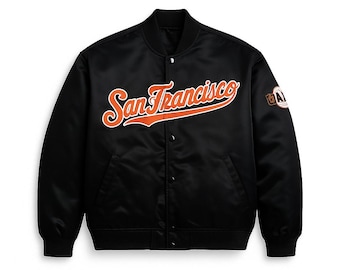 San Francisco Giants Black Satin Baseball Bomber Jacket, Streetwear Varsity Style
