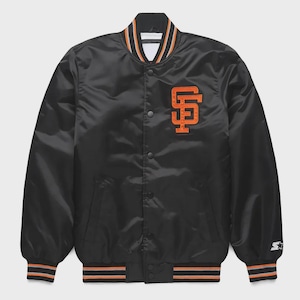 May include: Black satin baseball jacket with orange and white striped trim on the collar, cuffs, and hem. The jacket features an orange "SF" logo on the chest and a Starter logo on the sleeve.