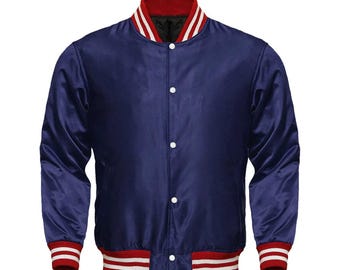 Navy Blue Satin Varsity Jacket: Baseball Letterman Style