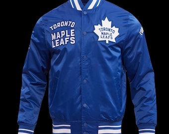 Toronto Maple Leafs Blue Satin Varsity Jacket, Hockey Bomber Jacket, Toronto Maple Leafs Snap Button Jacket