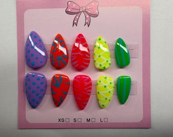Hand-Painted Gel Nail Extensions: Neon-Summer nails