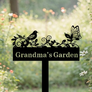 Custom Bird with Flower Metal Garden Sign: Personalized Yard Decor