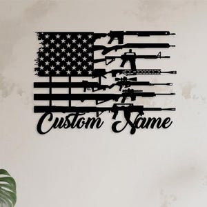 Personalized American Flag & Guns Metal Sign,Custom Name Patriotic Wall Art,2nd Amendment Decor,4th of July Gift,Gun Lover Gift,gun sign