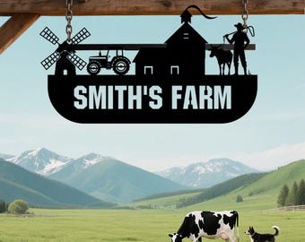 May include: Black metal farm sign with the text "SMITH'S FARM" hanging from a wooden beam. The sign features silhouettes of a windmill, tractor, barn, farmer, and cow. A black and white cow and a dog graze in a green field with mountains in the background.