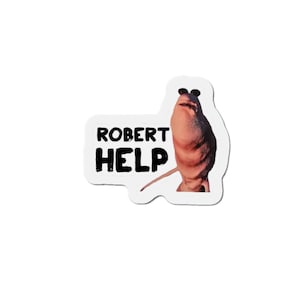Könnte beinhalten: Ein weißer Aufkleber mit dem Text "ROBERT HELP" in Schwarz, der eine cartoonartige, braune Kreatur mit Sonnenbrille zeigt. Die Kreatur hat einen langen Schwanz und ist vor weißem Hintergrund platziert.