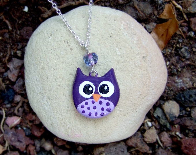 Purple Clay Owl Charm Necklace With Pink Crystal and a Heart Etsy
